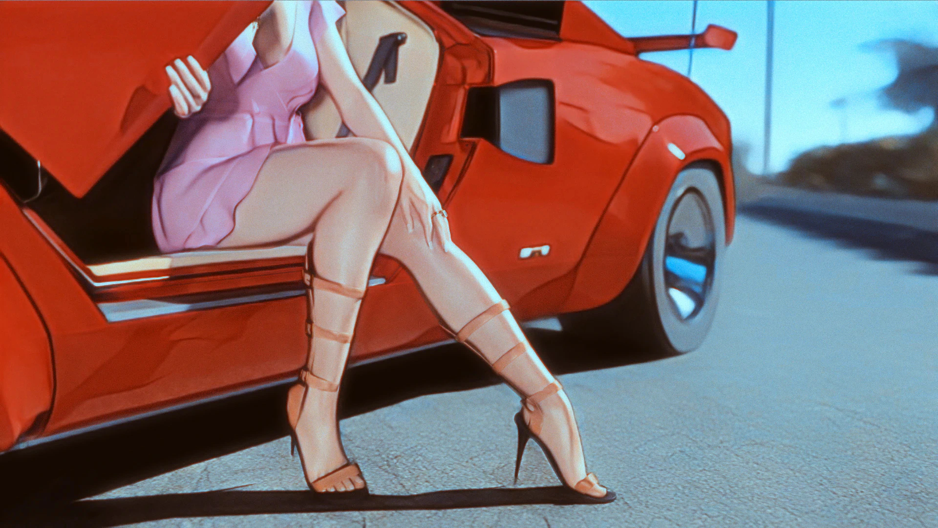 A beautiful woman steps out of a red Lamborghini Countach